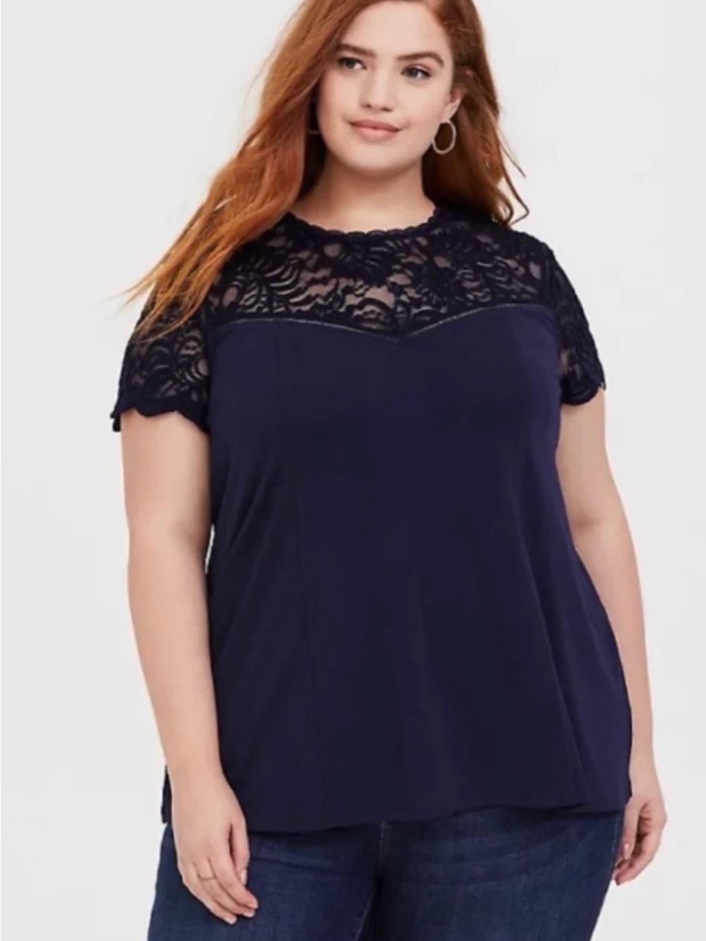Torrid Size 2 Navy Crepe Lace Short Sleeve Top
